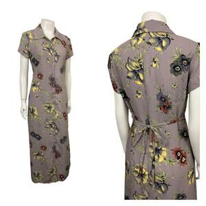 1990s Lavender Floral Long Maxi Dress Button Up Tie Dress / Women’s Small